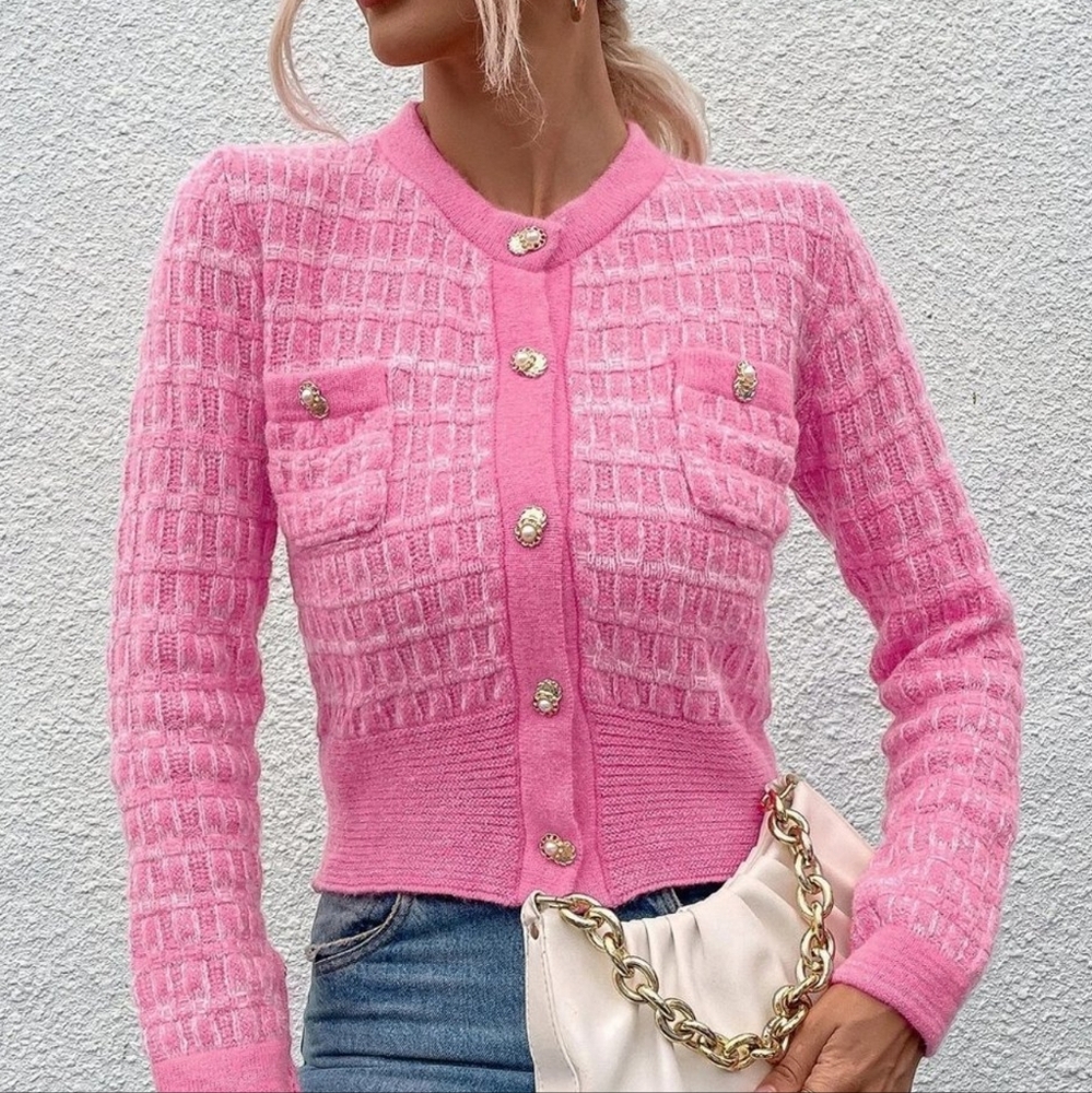 Pink Casual Womens Pocket Patched Button Front Cardigan - Picture 5 of 6